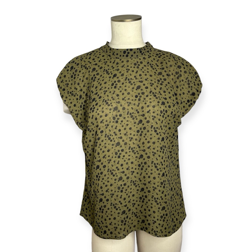 MISA Los Angeles Olive Green and Black Polka Dot Tie Back  Blouse M Designer
